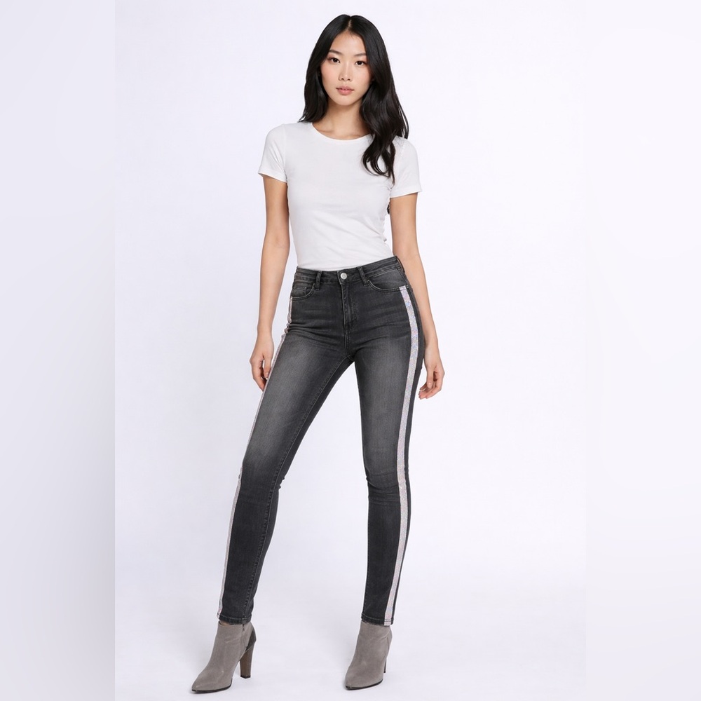 H&M Rhinestone Striped Gray Skinny Jeans